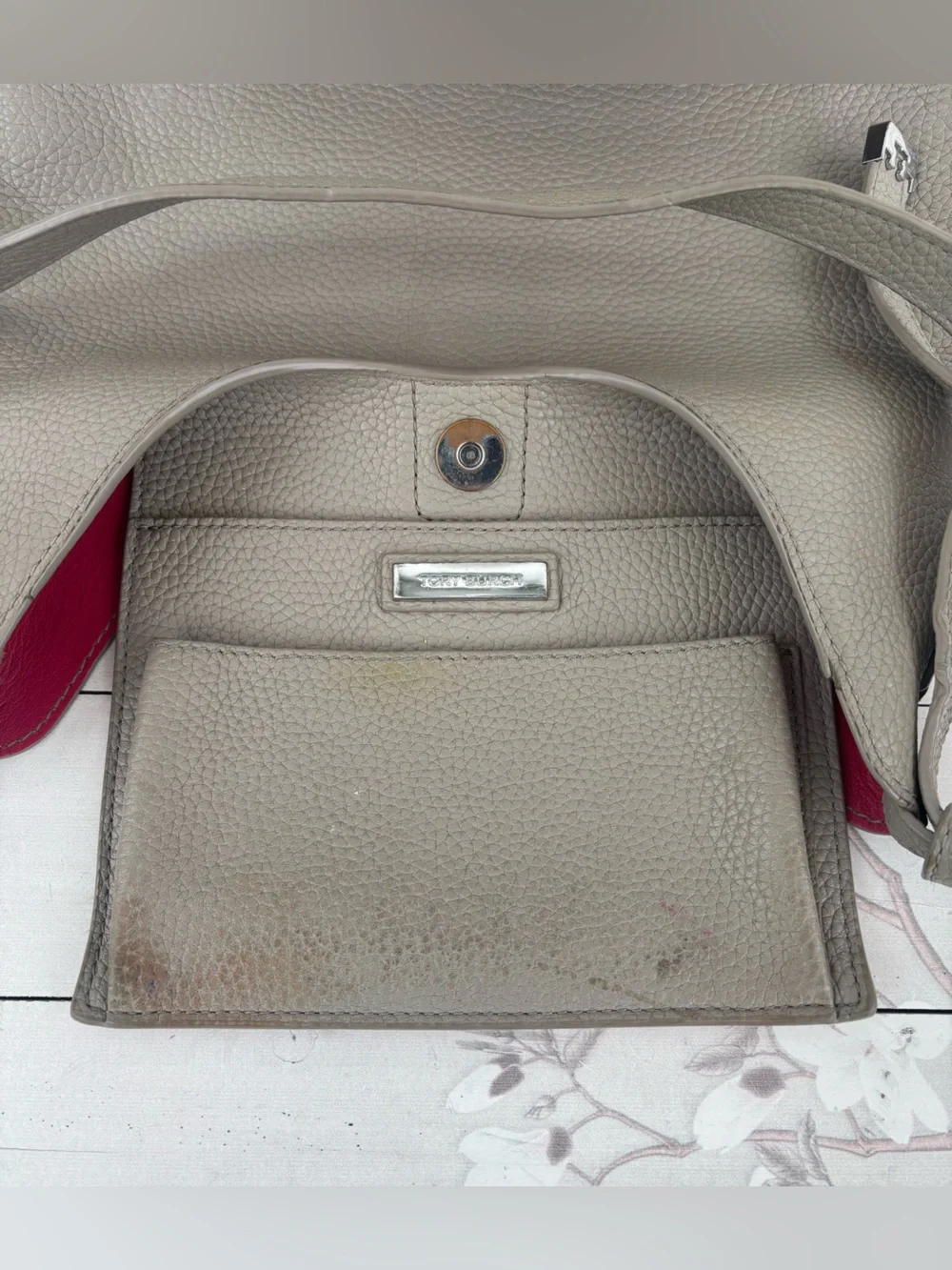 Tory Burch Taupe Pebbled Leather Shoulder Hobo with Red Lining